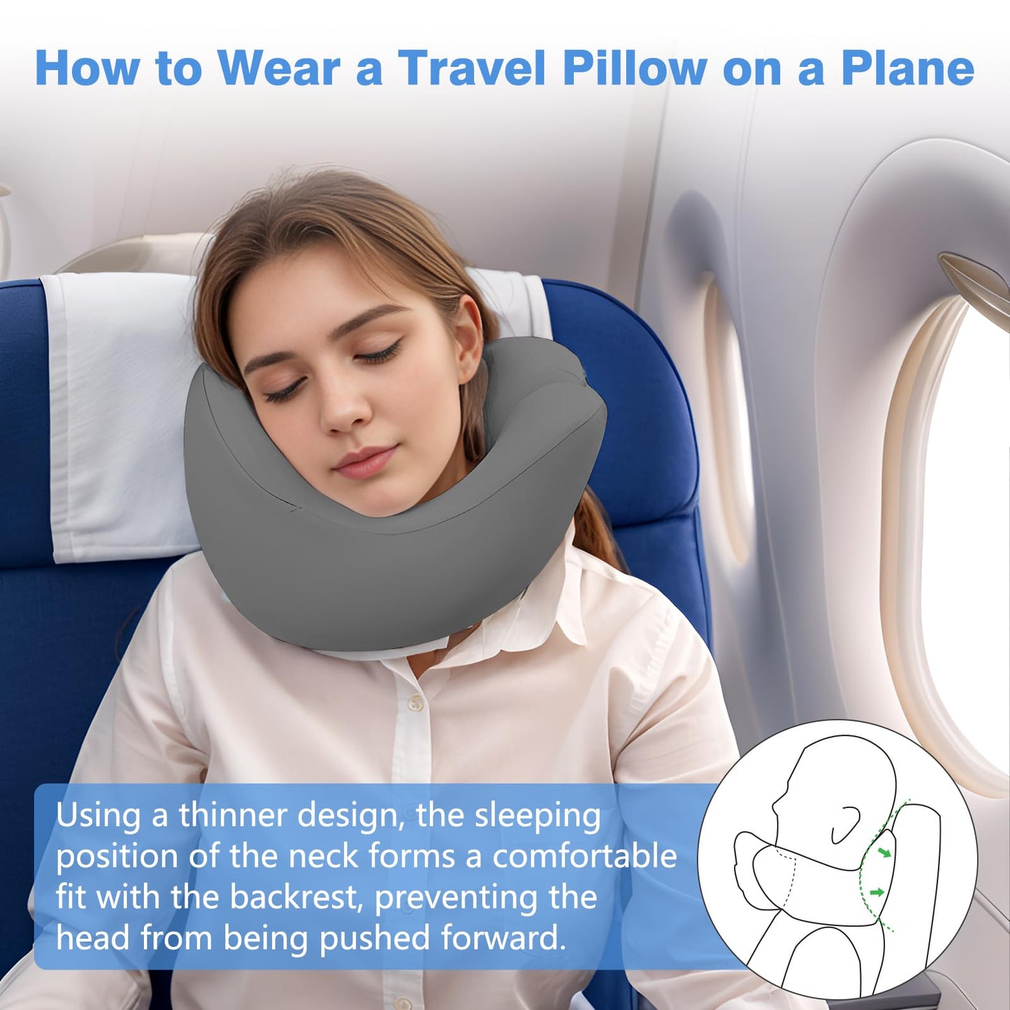 jiaao Neck Pillow Airplane, Memory Foam Travel Neck Pillows for Long Flight, 3D Eye Masks, Ear Plugs and Portable Drawstring Bag, Napping Pillow for Home, Road Trips, Sleep Rest and Travel Use
