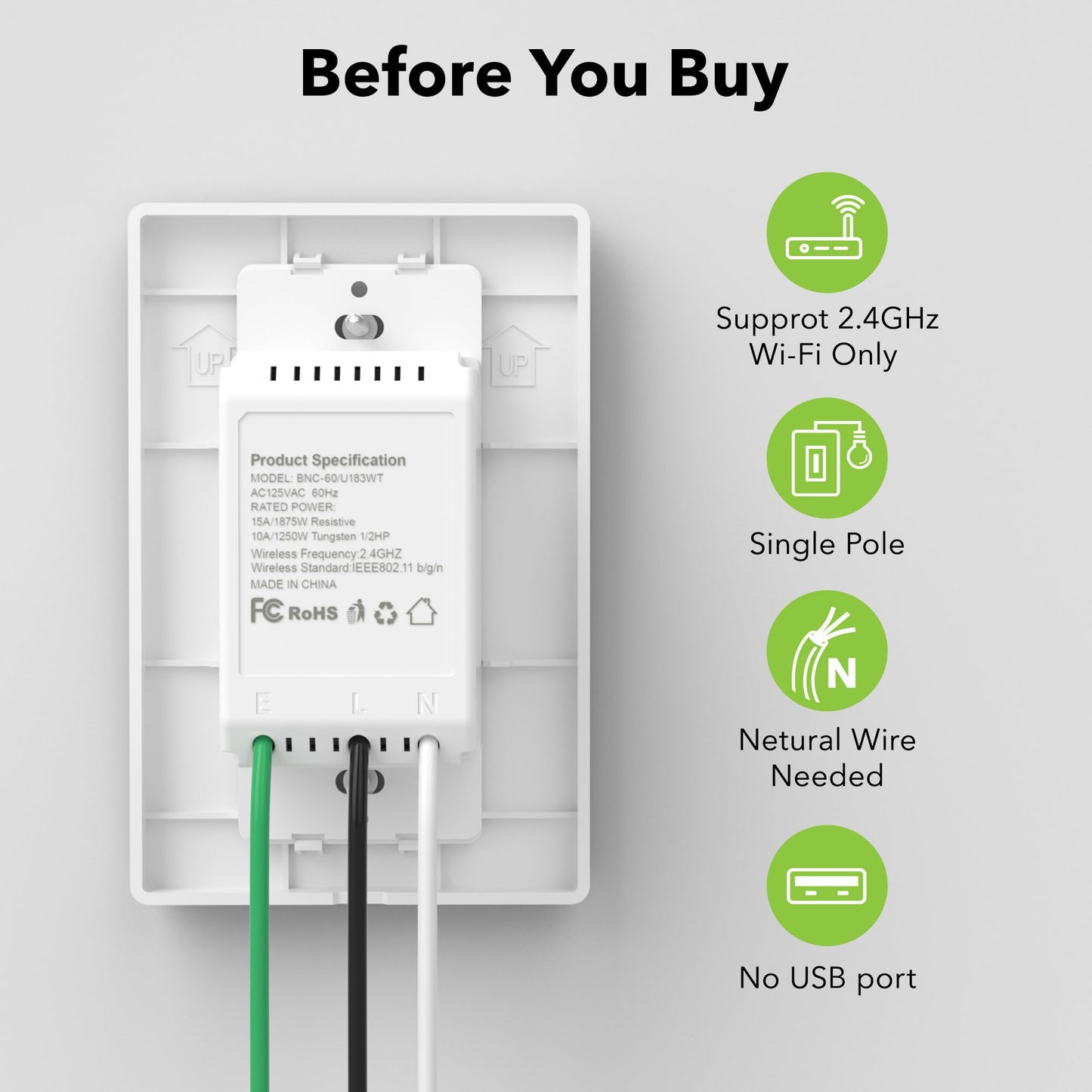 BN-LINK Smart Electrical Outlet with 2 Controlled Plugs and Type-C Charging, in-Wall Smart Wi-Fi Outlet with Voice and APP Remote Control, Compatible with Alexa and Google Assistant, 2.4GHz Wi-Fi Only