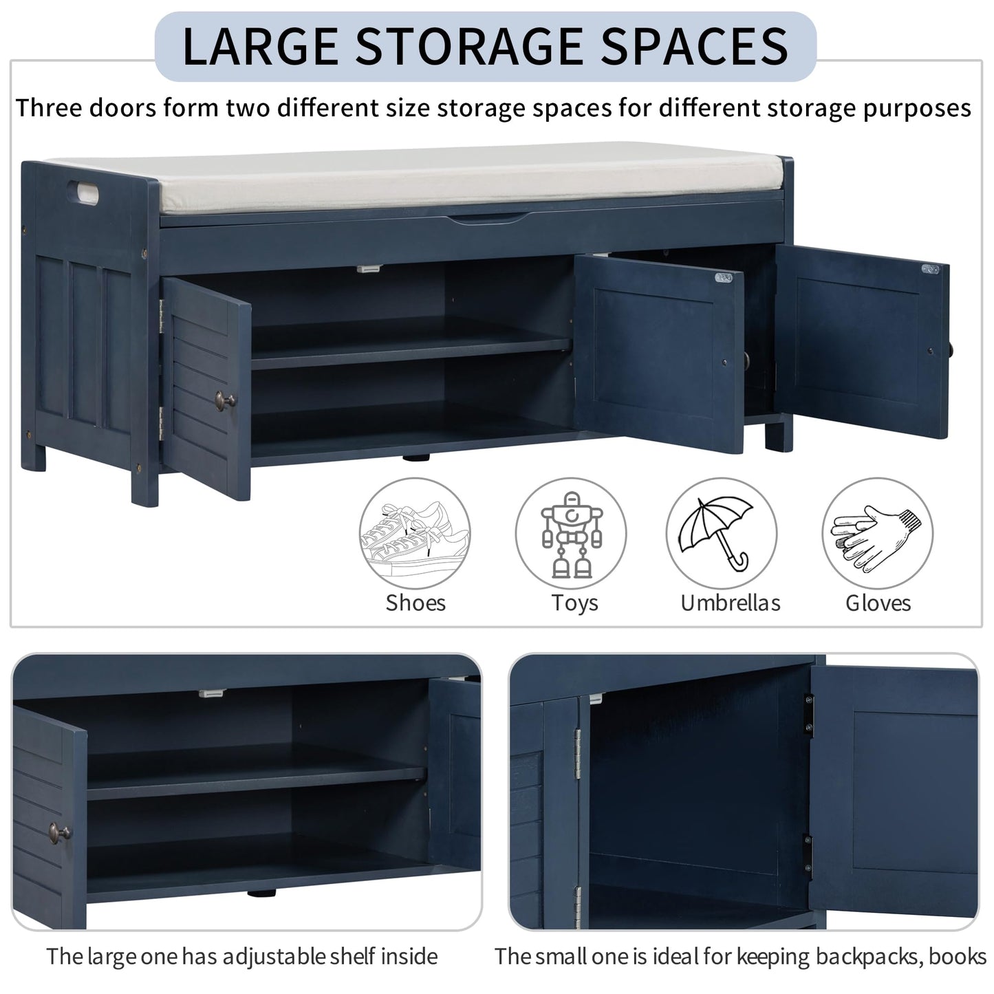 Merax Farmhouse Wood Shoe Bench with Seat Cushion Window Storage Cabinets for Entryway Hallway Living Room Antique Navy