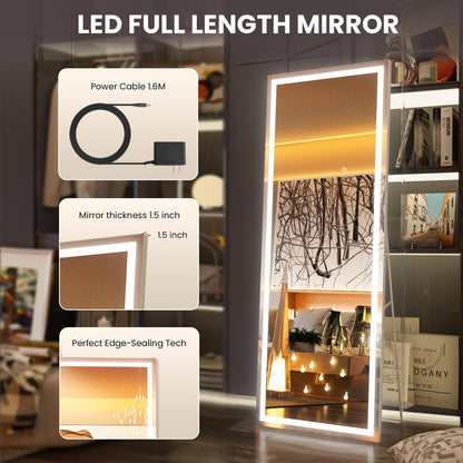 Pertetey 79x36 Inch LED Full Length Mirror with Lights, White Frame Dimmable & 3 Color Modes Floor & Wall Mounted Long Mirror