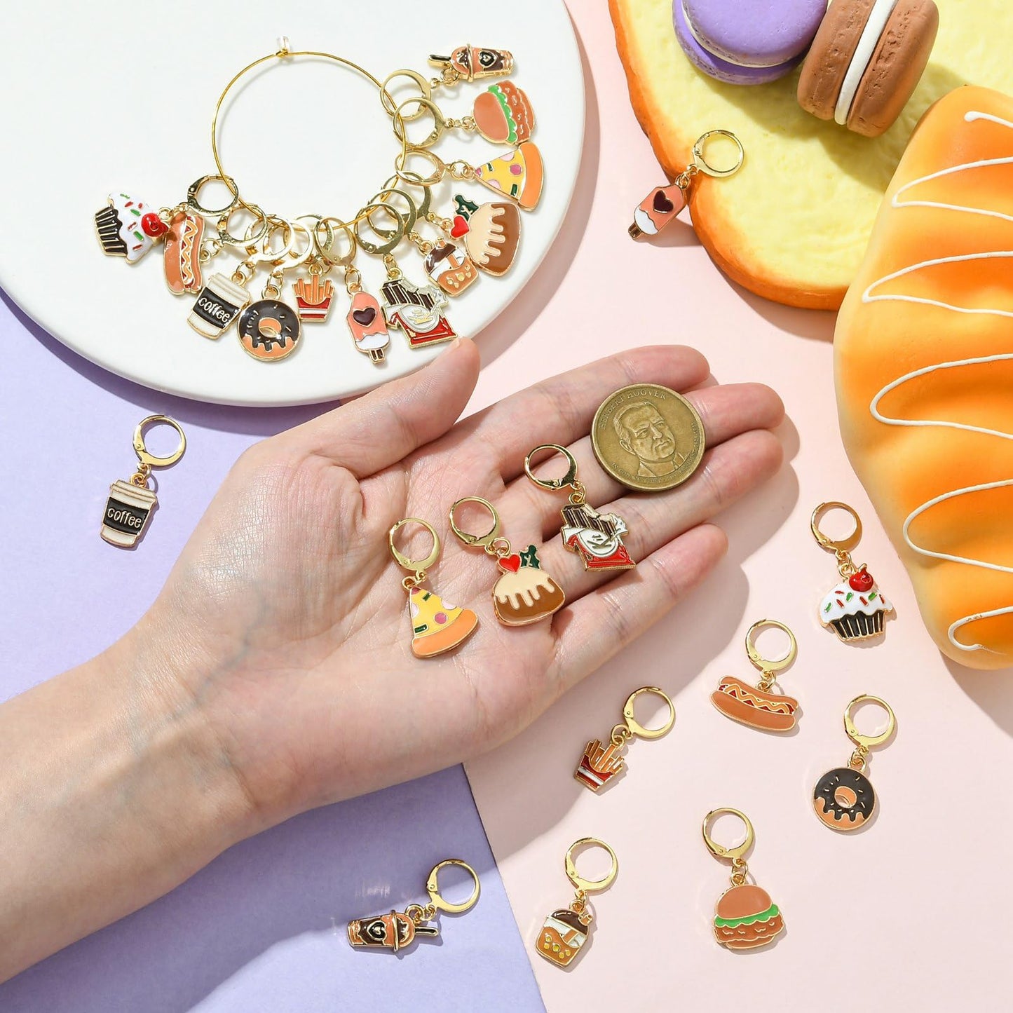 Gythara 24 pcs 12 Style Fast Food Theme Alloy Enamel Stitch Markers Coffee Tea Drink Hamburger Cake Donut Leverback Earring for Knitting Crocheting DIY Jewelry Craft Bag Decoration