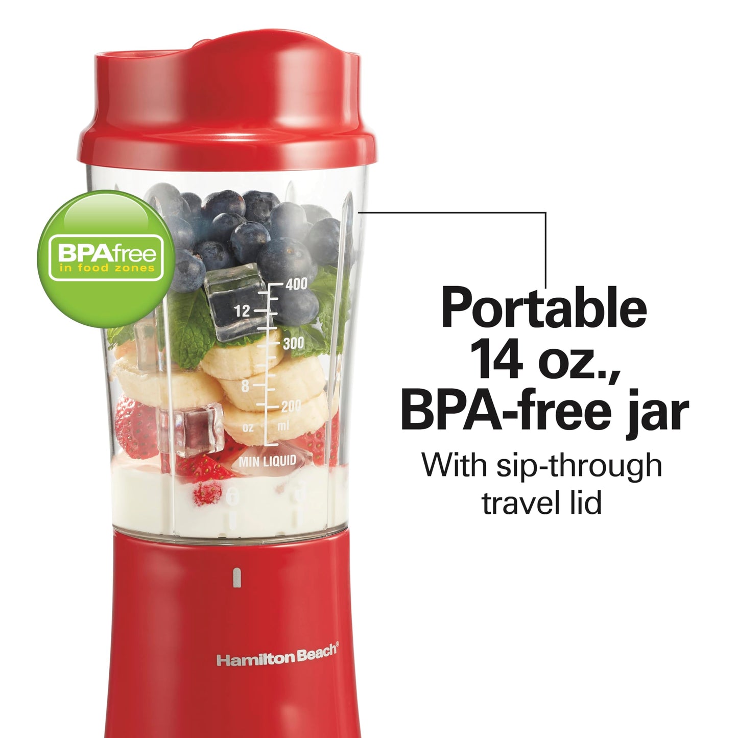 Hamilton Beach Portable Blender for Shakes and Smoothies, 14 Oz BPA Free Travel Cup & Lid, Durable Stainless Steel Blades, Personal Smoothie Blender, Red (51101RV)