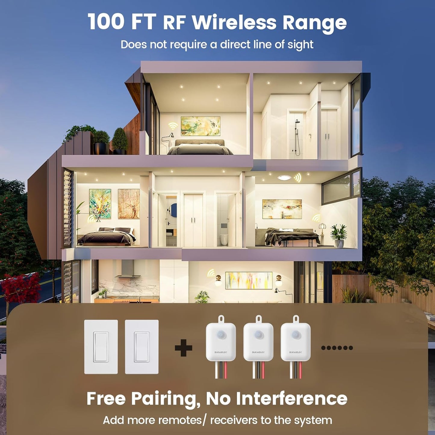 SURAIELEC 3 Way Wireless Light Switch and Receiver Kit, Decorator Rocker Wall Switch, 15 AMP, 100FT, No Wiring No WiFi, Remote Control for Lighting, Neutral Wire Required (Upgrade Antenna Model)