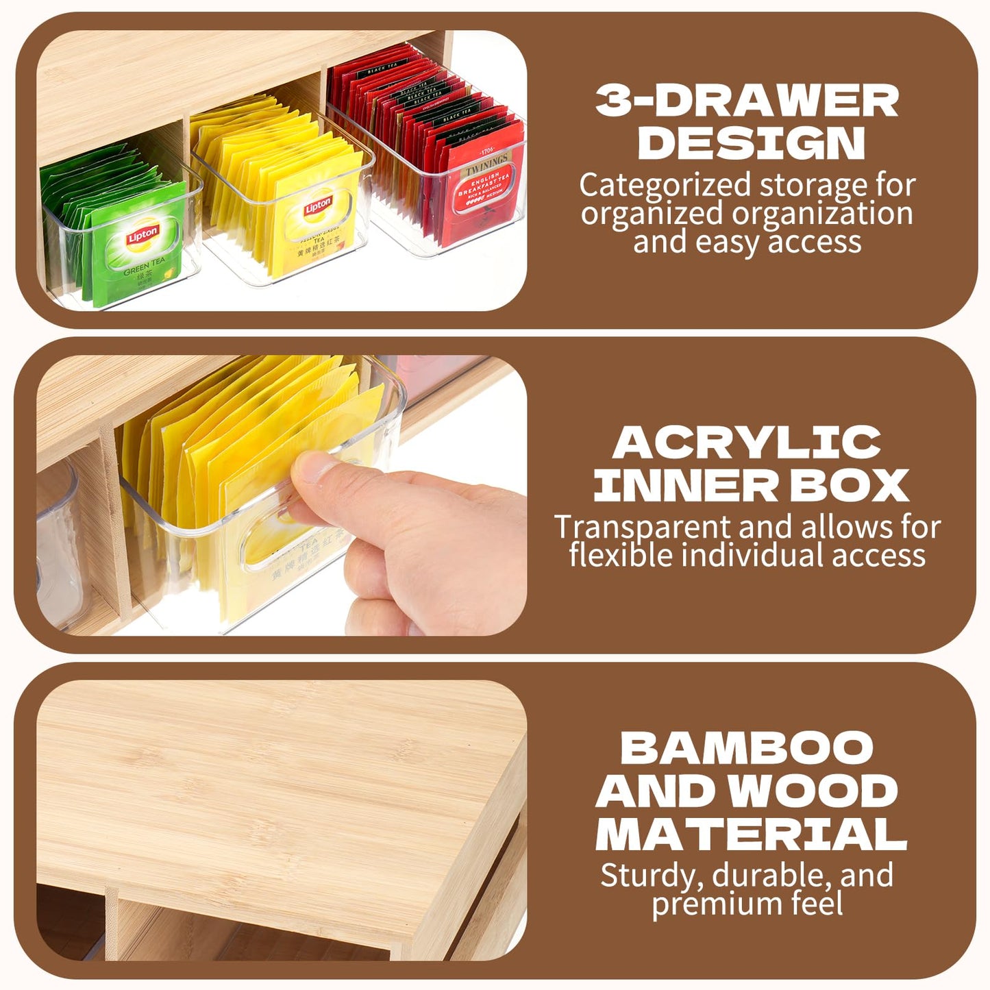 Tea Bag Organizer, Bamboo and Acrylic Tea Bag Holder with 3 Drawers, Wooden Tea Storage Organizer for Countertop, Sturdy Tea Chest Boxes for Shelf, Coffee Station, Sugar Packet, Small Packets