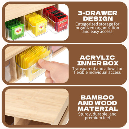 Tea Bag Organizer, Bamboo and Acrylic Tea Bag Holder with 3 Drawers, Wooden Tea Storage Organizer for Countertop, Sturdy Tea Chest Boxes for Shelf, Coffee Station, Sugar Packet, Small Packets