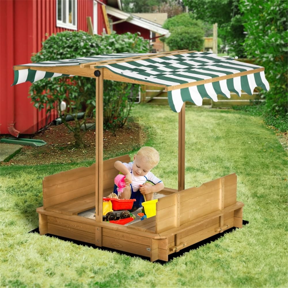 CARLIÉ Kids Wooden Sandbox with Cover for Backyard Garden,Sand Box with Adjustable Canopy,Kids Outdoor Play Equipment Sand Protection Bottom Liner