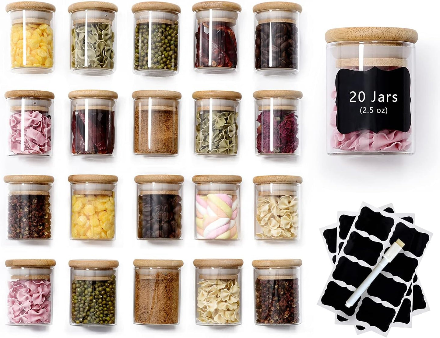20 2.5oz Pcs Glass Spice Jars with Airtight Bamboo Lids, Labels and Pen, Mini Clear Food Storage Containers for the