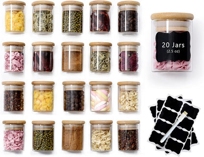 20 2.5oz Pcs Glass Spice Jars with Airtight Bamboo Lids, Labels and Pen, Mini Clear Food Storage Containers for the