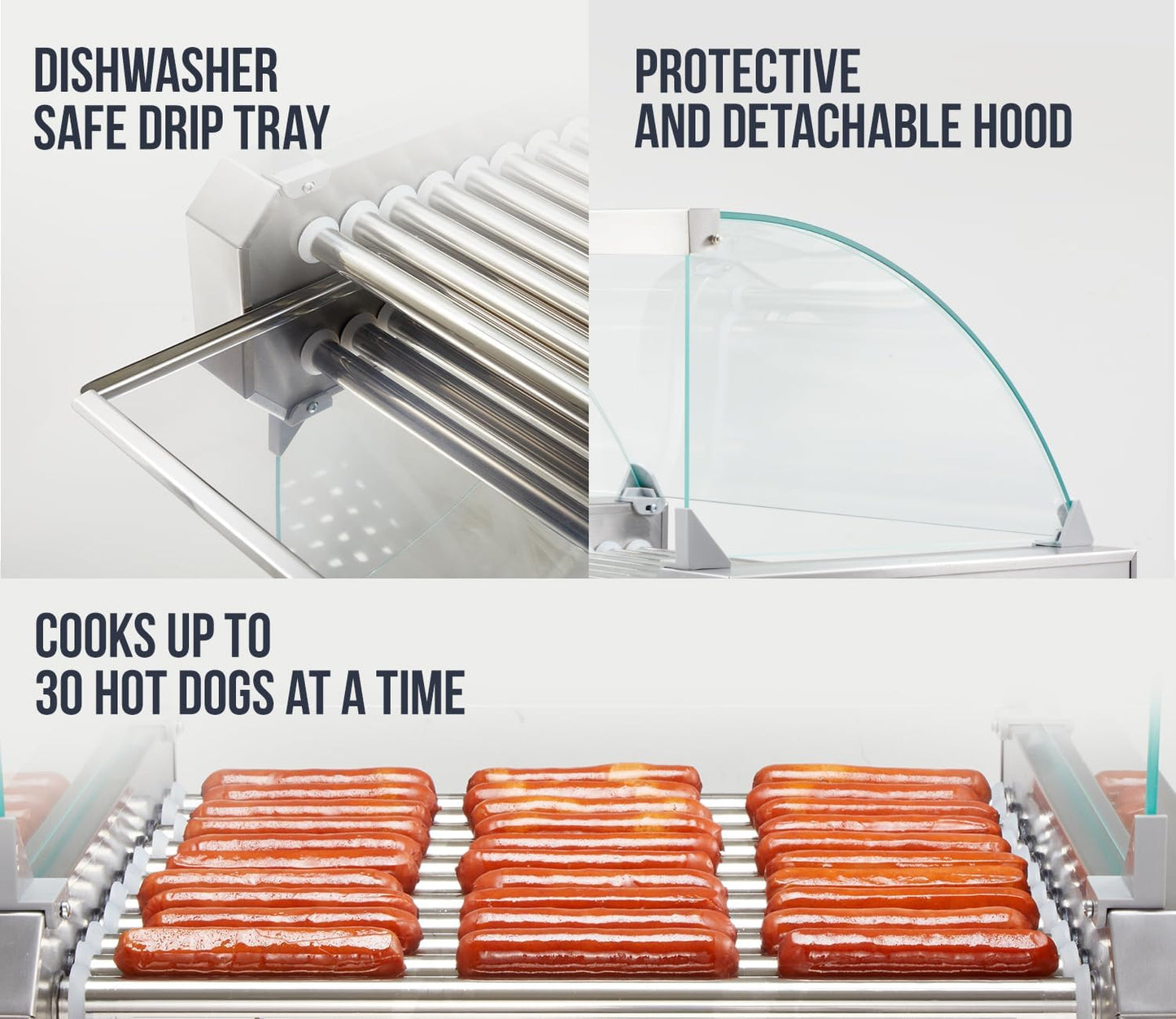 SYBO Commercial Hot Dog Roller – 30 Hot Dogs, 11 Non-Stick Rollers, 1430W, Stainless Steel, Removable Drip Tray & Glass Cover – Dual Temp Control, 360° Rotation for Party & Snack Bar, ETL Certified