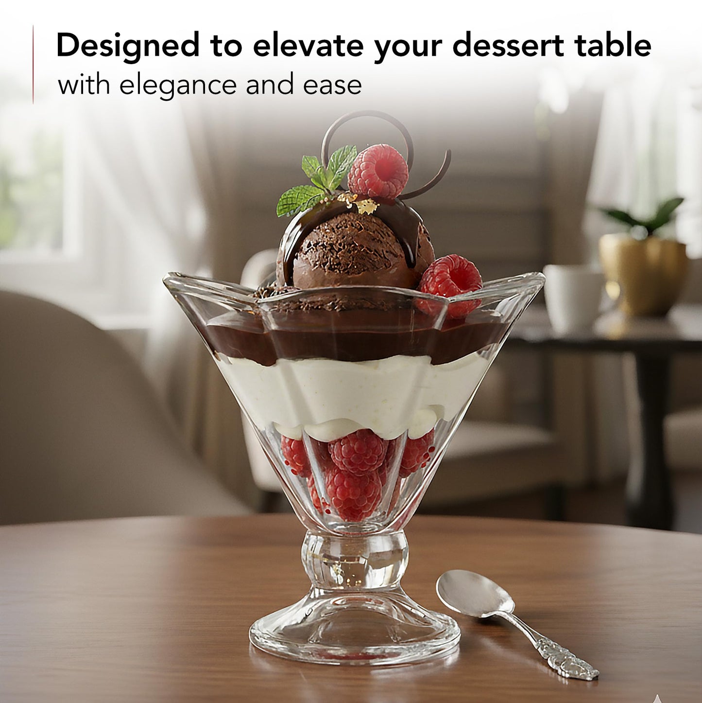 OVENTE 4 Pack Glass Dessert Bowls with Spoons, 6 Oz Footed Ice Cream Cups for Sundae, Fruit, Salad, Cocktail, Snack or Trifle, All Purpose Serving Bowl Ideal for Christmas Holiday Party, Clear ICGBSS4