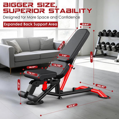WFLGFT Commercial Adjustable Weight Bench, Heavy Duty 1800LBS Workout Bench for Home Gym, Flat, Decline, Incline Bench Press with Removable Leg and Elbow Support for Full Body Strength Training