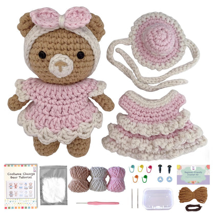 LoopMap Crochet Kit for Beginners – Amigurumi Crochet Animal Kit, Easy Starter Kit with Video Tutorial, Complete Crochet Kit with Extra Yarn, Gift for Adults & Teens (Bear, Pink)