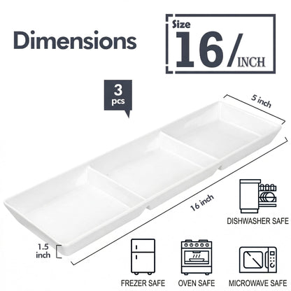 DELLING 16x5 Inch Ceramic 3-Section Serving Tray Set of 3, Stackable Divided Serving Platter - White Porcelain Appetizer Tray for Snack Food Dessert, Dishwasher Safe