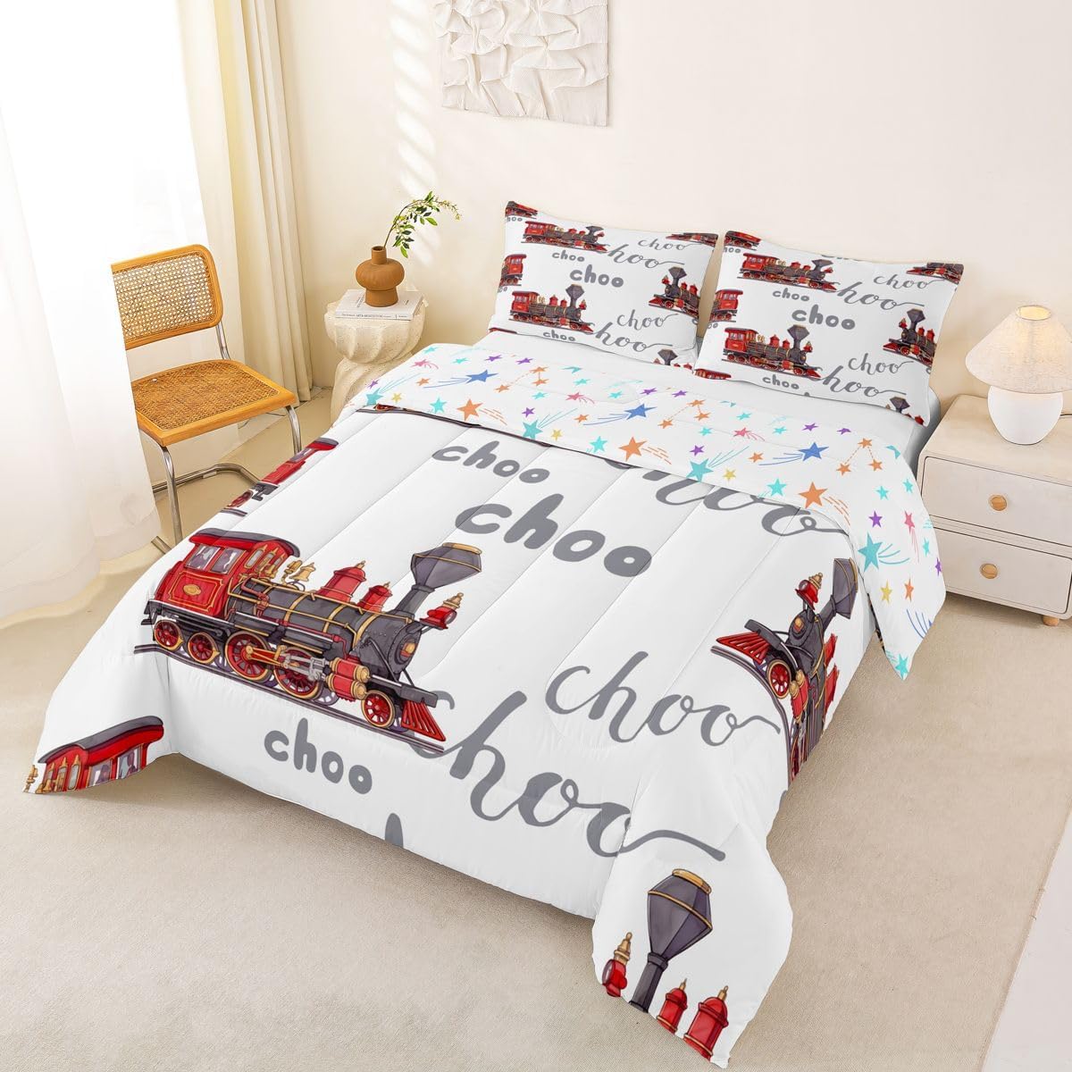 Set Set Set Set 1 Feelyou Cartoon Car Bedding Kids Train Comforter Boys Girls Choo-Choo Rail Roads Tracks Decor