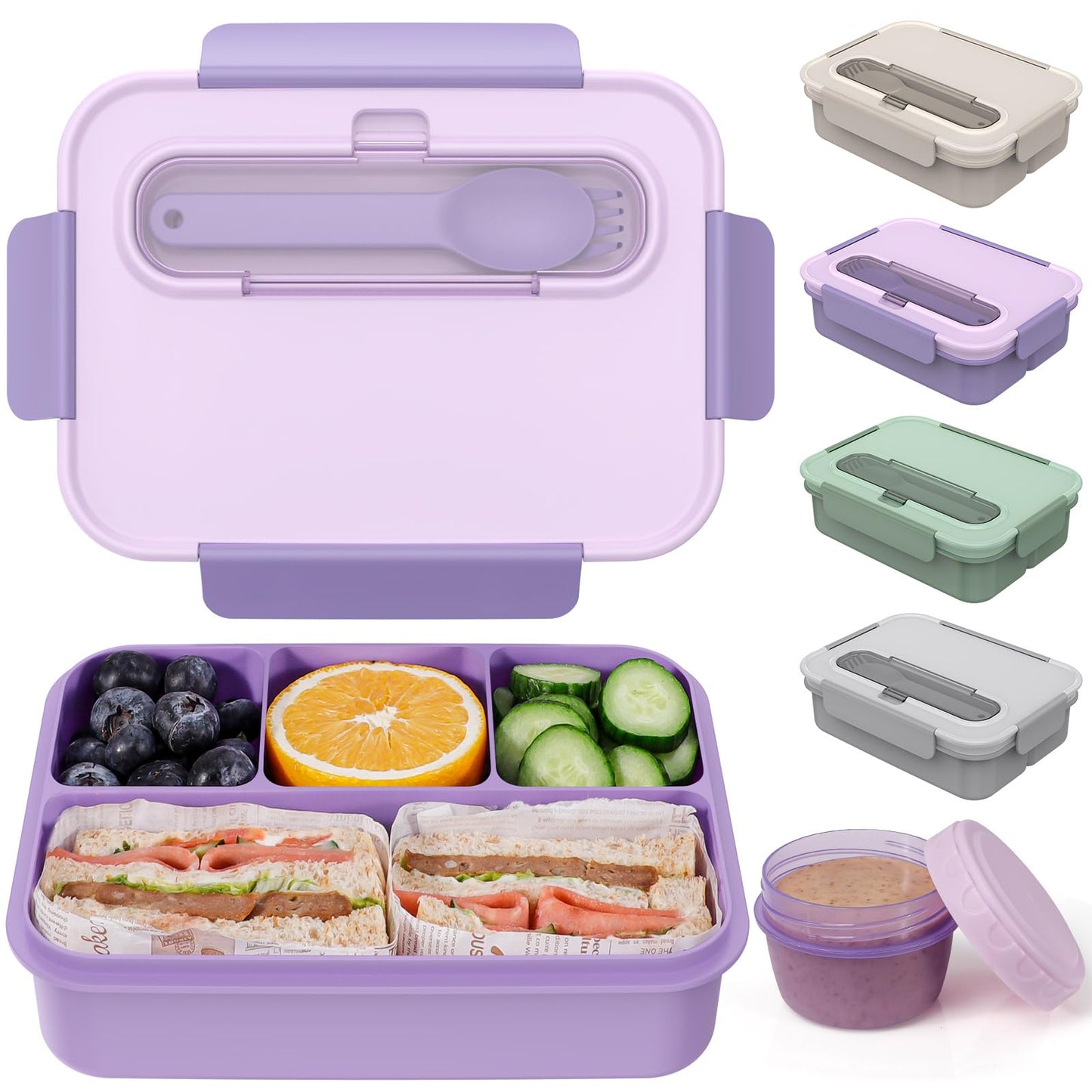 Caperci Bento Box Adult - 50 oz Large Lunch Containers for Adults and Teens, 4-Compartment Bento Lunch Box with Utensils & Leak Proof Sauce Cup, Dishwasher Safe, Durable, BPA-Free (Lavender)