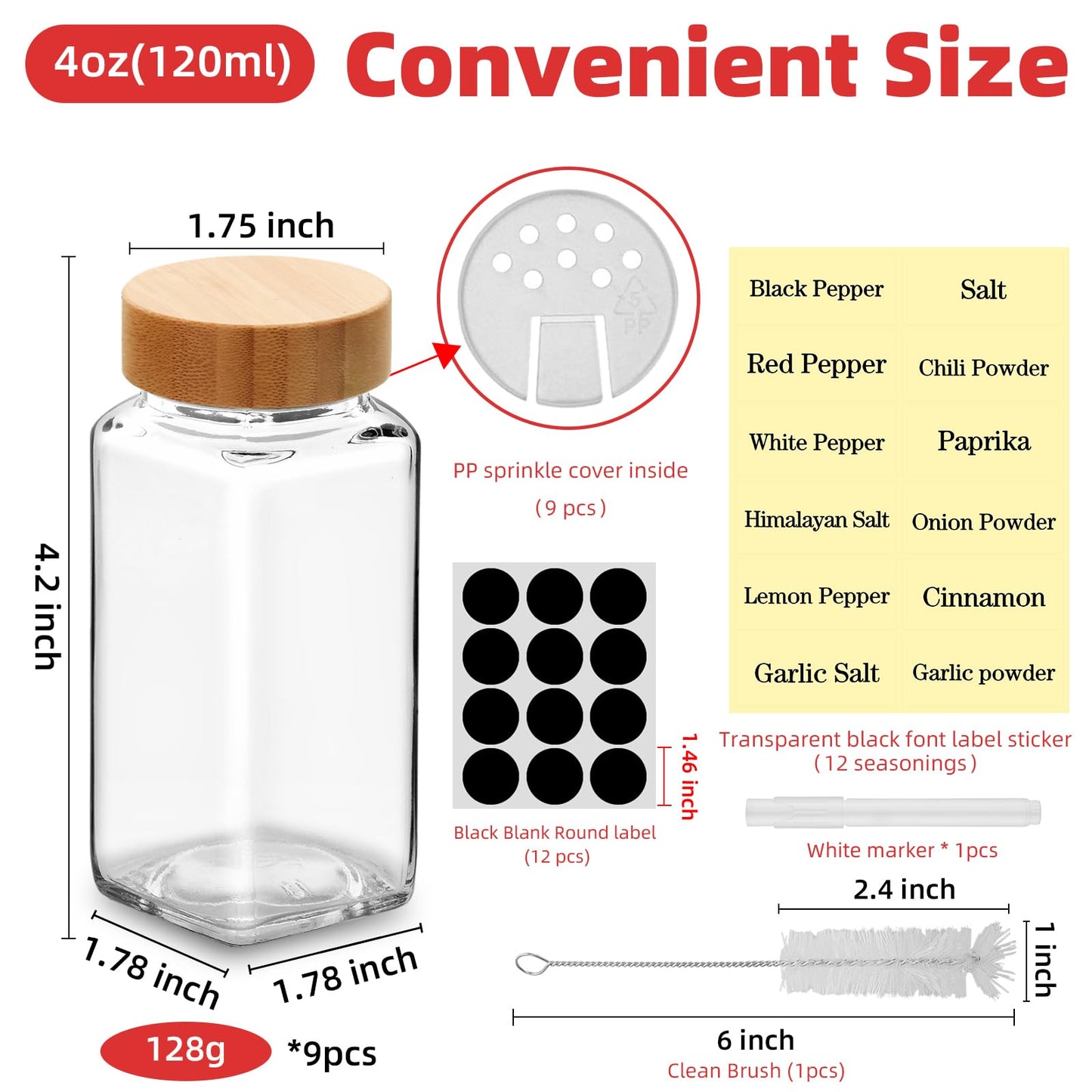 9Pcs 4 oz Square Glass Spice Jars with Label, Empty Spice Containers with Bamboo Lids , Square Seasoning Containers and Supplement Set, Small Seasoning Bottles for Salt, Herbs, Sugar, Pepper (9)