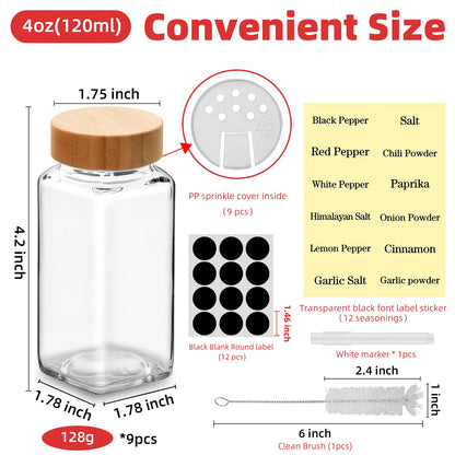 9Pcs 4 oz Square Glass Spice Jars with Label, Empty Spice Containers with Bamboo Lids , Square Seasoning Containers and Supplement Set, Small Seasoning Bottles for Salt, Herbs, Sugar, Pepper (9)