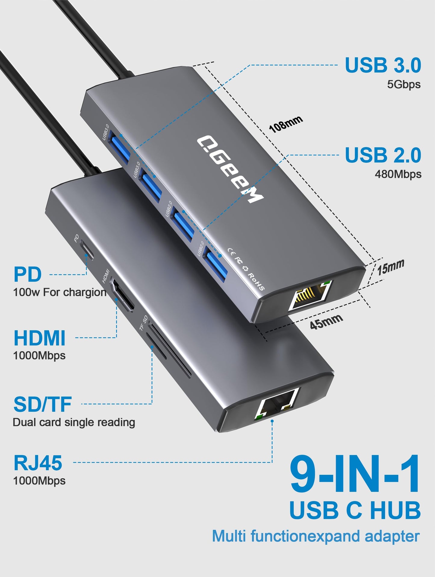 QGeeM USB C Hub Ethernet,9 in 1 USB Type C Hub HDMI Multi-Port Converter Adapter,100W Pd, USB 3.0,SD/TF Card Reader,Compatible for MacBook Pro Air Ipad HP Dell Lenovo Chromebook etc.