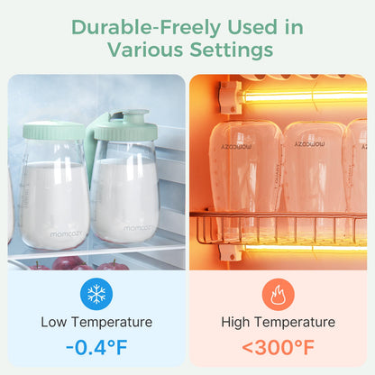 Momcozy Glass Breast Milk Pitcher, Milk Storage Container with Flat Lid & Handle Lid, Wide Mouth Leak-Resistant, Baby Formula Pitcher, Heat & Cold Resistant, 2 PCS, 32OZ Each (64OZ Total)