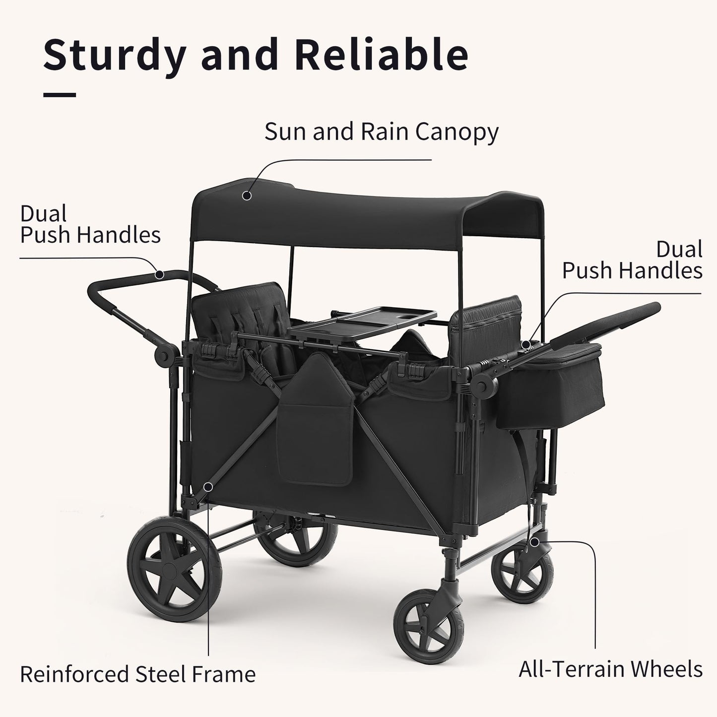 Stroller Wagon for 4 Kids, 4 Seater Wagon Stroller with Convertible Seats Footrests, Snack Tray, Storage Bag, Removable Canopy, Wagon Stroller 4 Seater with Double Push Handle (Black-Convertible)