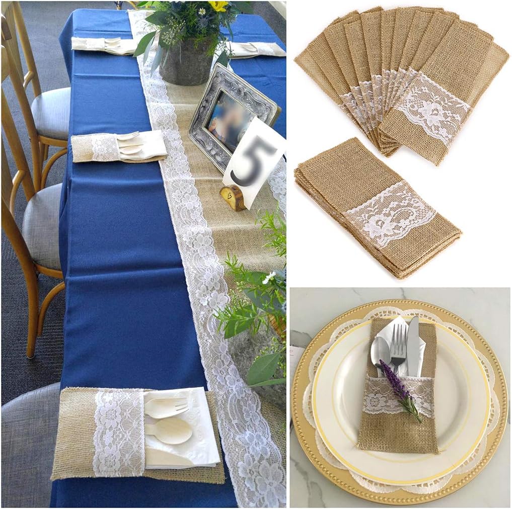 OwnMy Natural Burlap Utensil Holders, Beige 30 Packs Burlap Lace Silverware Holder for Vintage Rustic Wedding Party