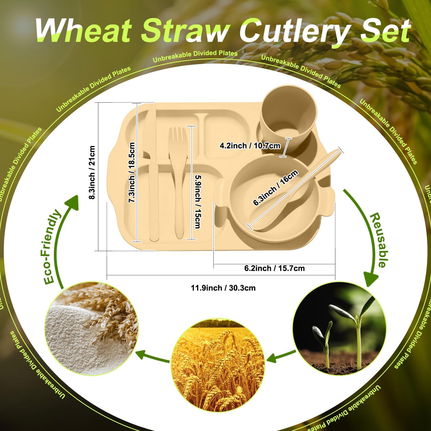24 Pcs Wheat Straw Dinnerware Cutlery Set for Adult Including Divided Plates Microwave Dishwasher Safe Bowl Unbreakable Tableware Straw Cutlery Spoon Knife Fork(Light Color)