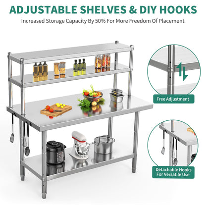 YITAHOME NSF Stainless Steel Table with Overshelves, 48" X 24" Work Table with 48" X 12" Shelf, Metal Table Prep Table for Home Kitchen Restaurant Garage Warehouse