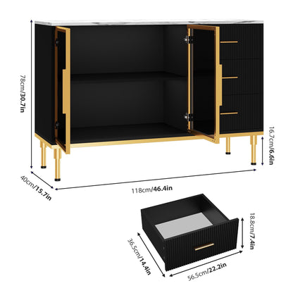 IDEALHOUSE Fluted Sideboard Cabinet, 46.4" Modern Sideboard Buffet Cabinet with 3 Drawers, 2 Glass Doors, Faux Marble Tabletop, Adjustable Shelves for Kitchen, Dining Room, Black