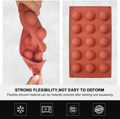 Small 15-Cavity Semi Circular Silicone Mold, 2 Packs Half Sphere Baking Molds for Making Jelly, Chocolates, and Cake