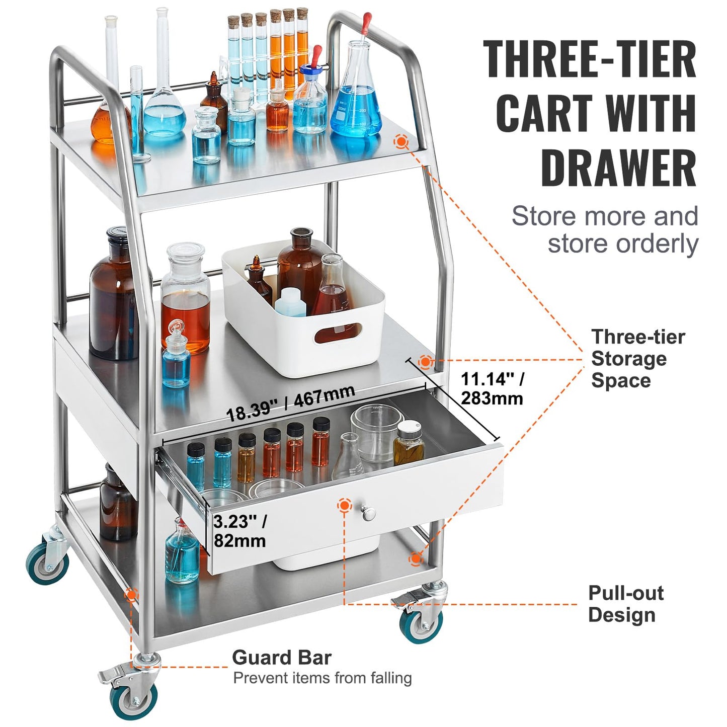 Happybuy Lab Serving Cart, 3-Tier Stainless Steel Utility Rolling Cart with Drawer, Medical & Dental Cart with Lockable Wheels, for Laboratory, Hospital, Clinic Use
