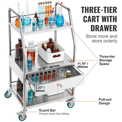 Happybuy Lab Serving Cart, 3-Tier Stainless Steel Utility Rolling Cart with Drawer, Medical & Dental Cart with Lockable Wheels, for Laboratory, Hospital, Clinic Use