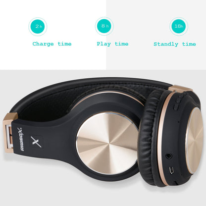 Riwbox Bluetooth Headphones, XBT-80 Folding Stereo Wireless Bluetooth Headphones Over Ear with Microphone and Volume Control, Wireless and Wired Headset for PC/Cell Phones/TV/Gym (Black Gold)