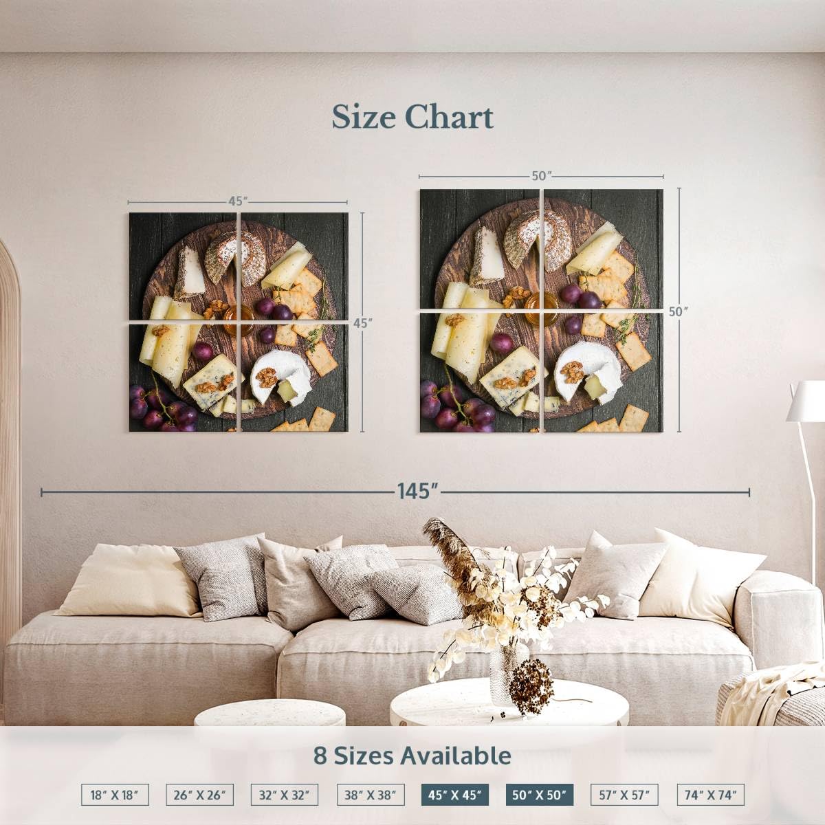ElephantStock - Cheese Charcuterie Board Wall Art - Square Multi Panel Canvas - 4 Piece Dining Room Wall Decor - Photography Food And Drink Multi Piece Wall Art - Gray And Brown Decor - 45" x 45"