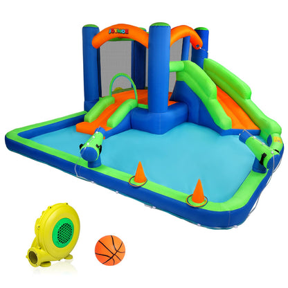 JOYMOR Inflatable Water Slide Bounce House for 3-6, 30s Blow Up Water Slide w/Basketball Hoop, Water Cannon, Ring-Toss Game, Inflatable Water Bounce House w/Slides, Air Blower (Blue/Green)