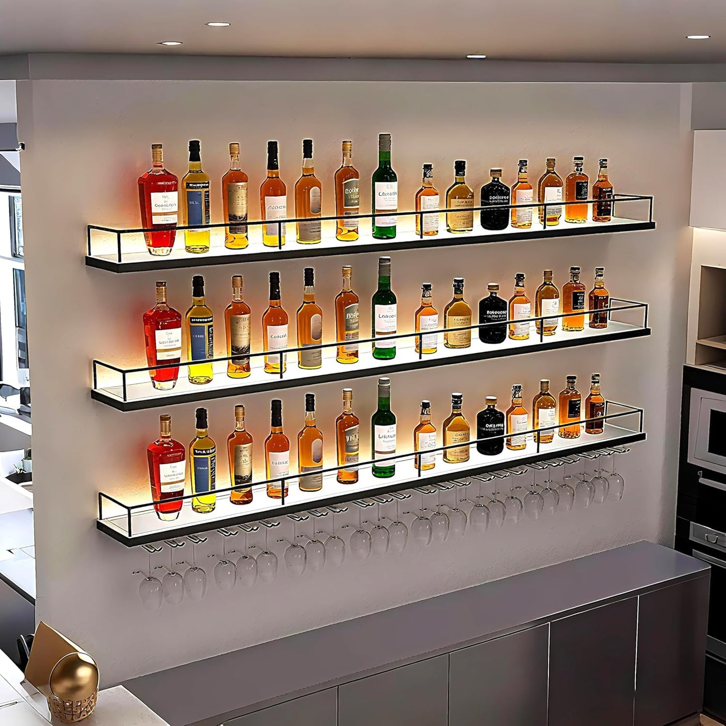 VITNSVILE Metal Wall Mounted Wine Rack with LED Light, 3 Tiers Liquor Bottles Floating Shelves with Glass Holder, Wine Shelf Industrial Bar Shelves for Home Bar Dining (Black, 180cm/71in)