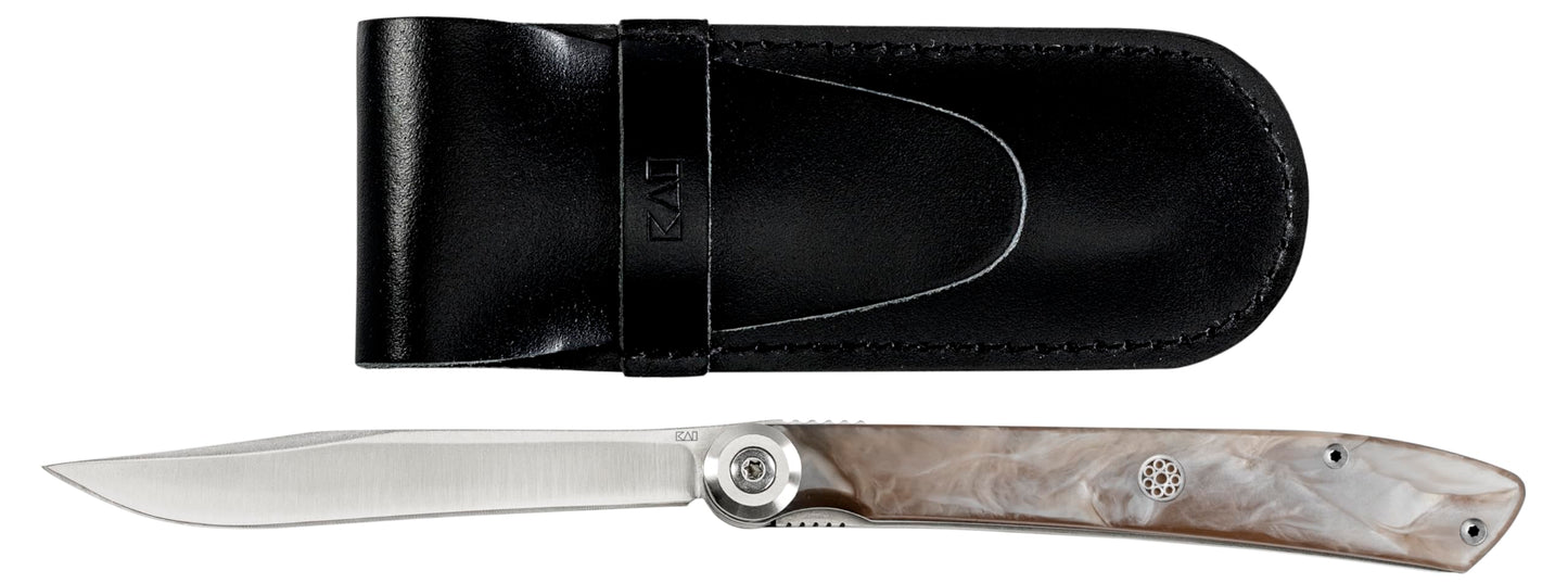 Kai Folding Personal Steak Knife, 3.25” Handcrafted Japanese Knife, 420J2 Stainless Steel Blade, Pearlized Champagne Handle