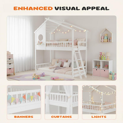 DUMOS Wood Twin Over Twin House Bunk Bed, Loft Bed with Ladder, Safety Guardrail, Wooden Slats & Window, Kids Twin Bed Frame for Teens Juniors, Freely Decorative House Roof