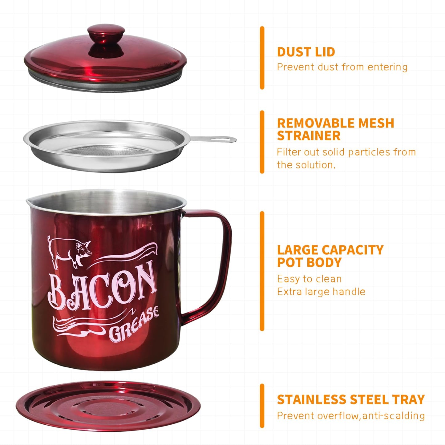 QMET 1.3L Bacon Grease Saver Container with Fine Mesh Strainer,Stainless Steel Oil Keeper Can for Bacon,46oz Large Rustic Farmhouse Fat Container, Keeper, Recipes, Dishwasher Safe (Red)