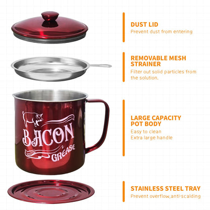 QMET 1.3L Bacon Grease Saver Container with Fine Mesh Strainer,Stainless Steel Oil Keeper Can for Bacon,46oz Large Rustic Farmhouse Fat Container, Keeper, Recipes, Dishwasher Safe (Red)
