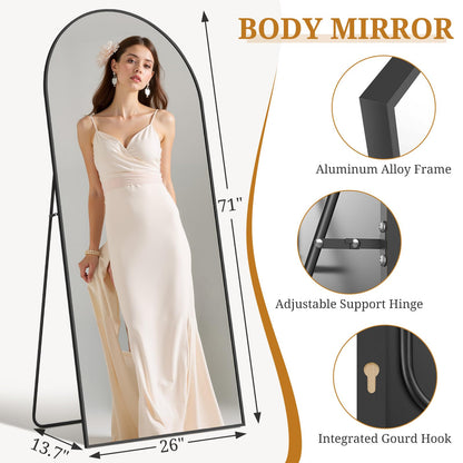Full Length Mirror 71"x26" Full Body Mirror Arched Free Standing Wall Mounted Leaning Floor Mirrors with Stand Aluminum Alloy Frame for Bedroom Cloakroom, Black