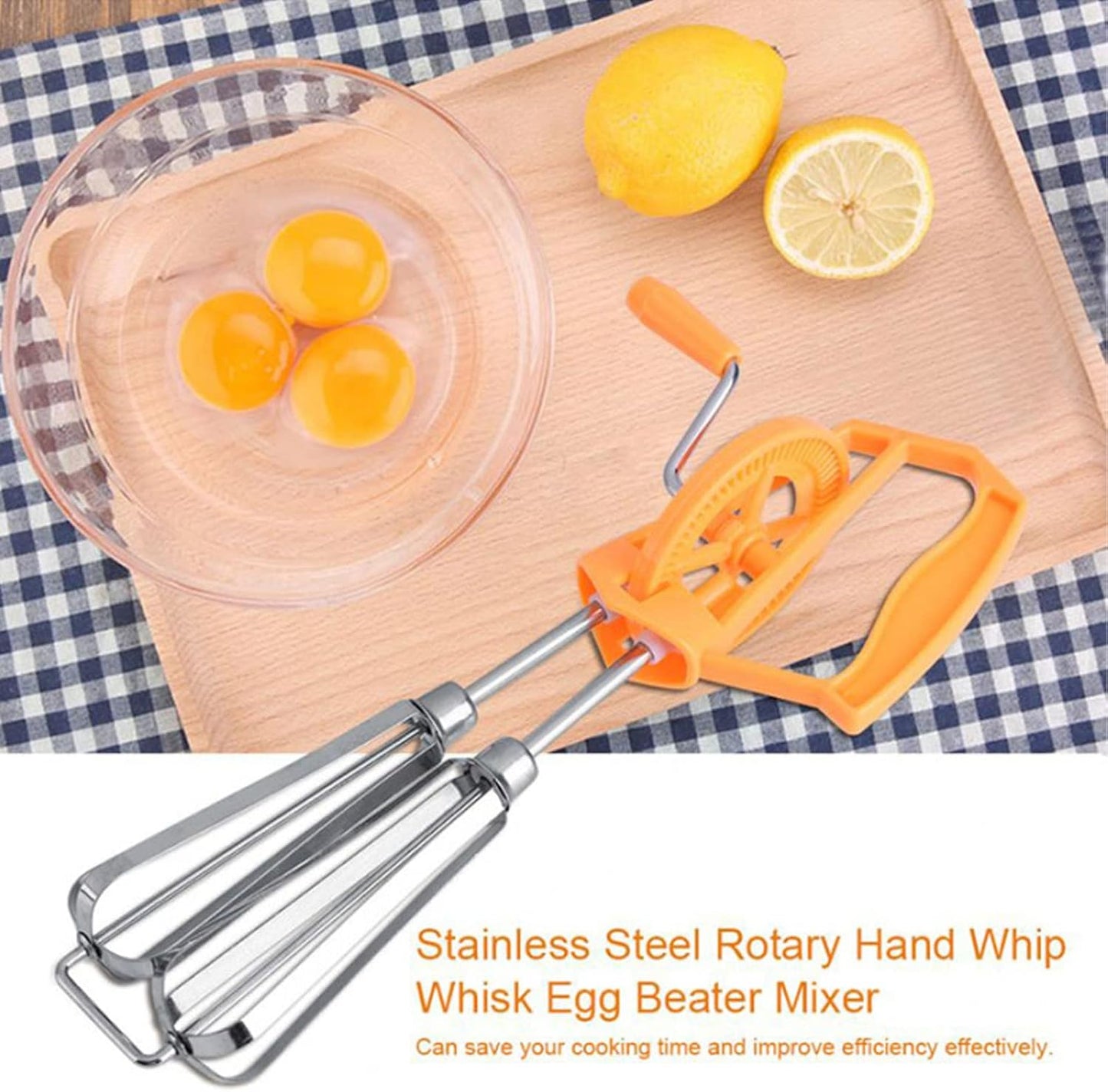 Classic Hand Crank 18/10 Stainless Steel Churner - Dual Head Design, Manual Hand Mixer for Home Cooking (Orange)