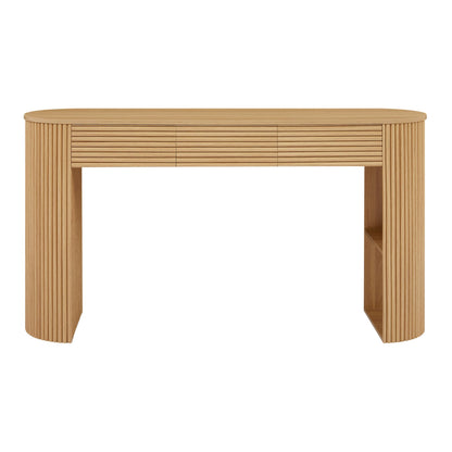 Christopher Knight Home Sara MDF Console Table With Storage, Narrow Entryway Table With 3 Drawers & Table-Leg Niche, Retro Couch Table, Round Slat Aesthetic Sofa Table For Living Room Hallway, Natural