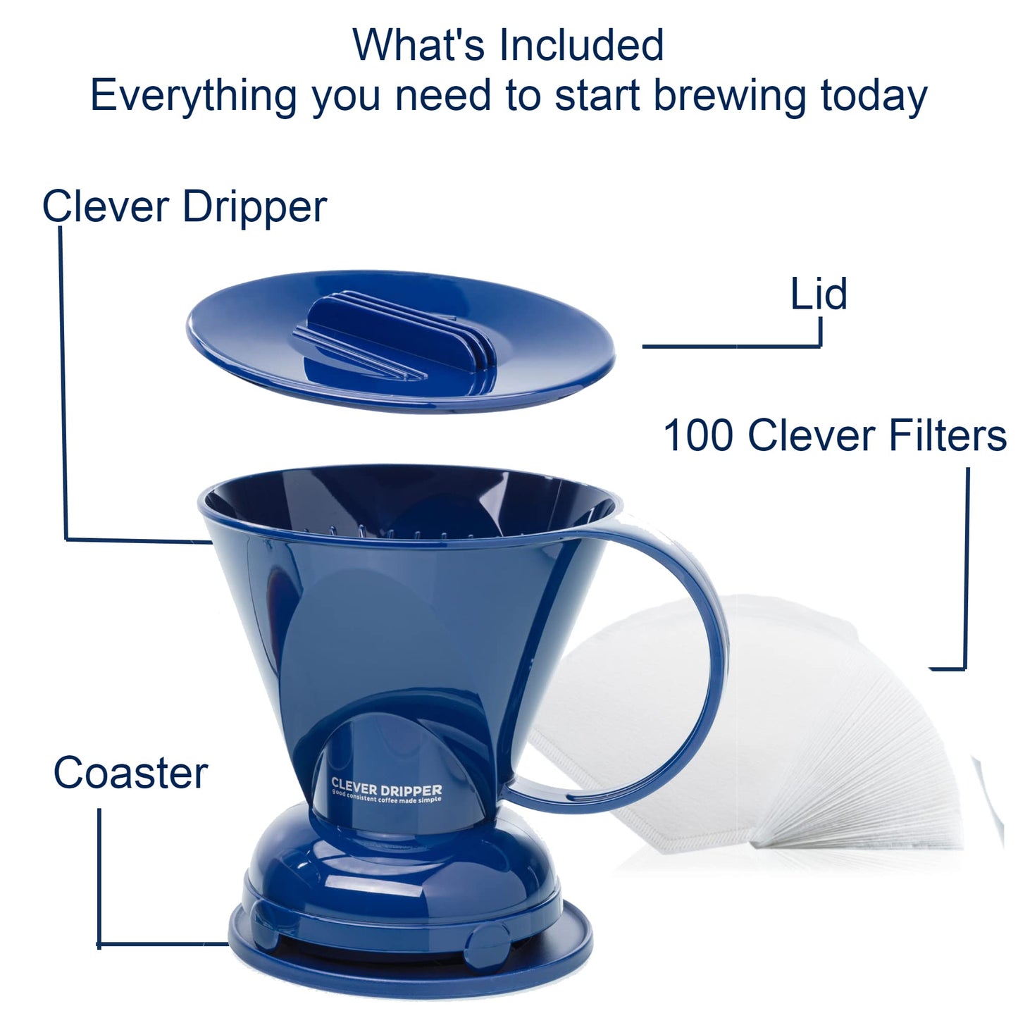 Clever Coffee Dripper and Filters, Large 18 oz (Royal Blue)| Barista's Choice| Safe BPA Free Plastic|Includes 100 Filters