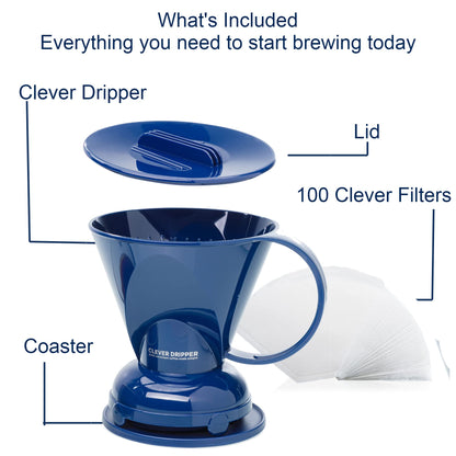 Clever Coffee Dripper and Filters, Large 18 oz (Royal Blue)| Barista's Choice| Safe BPA Free Plastic|Includes 100 Filters