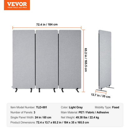 VEVOR 2FT Room Divider, 3 Panel PET Polyester Soundproof Room Screen, Folding Privacy Divider Portable Partition Divider for Room Separation, Freestanding Room Partitions for Office Study, Grey