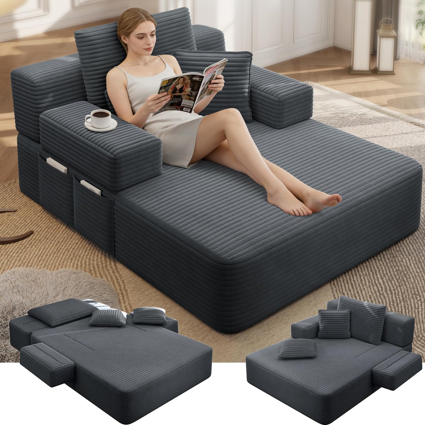 48.5" Boneless Chaise Lounge Chair Sofa Bed Indoor with Zip-Down Convertible Armrests & Backrest, Oversized Cloud Upholstered Compression Sleeper Couch Reading Chairs w/Side Pockets