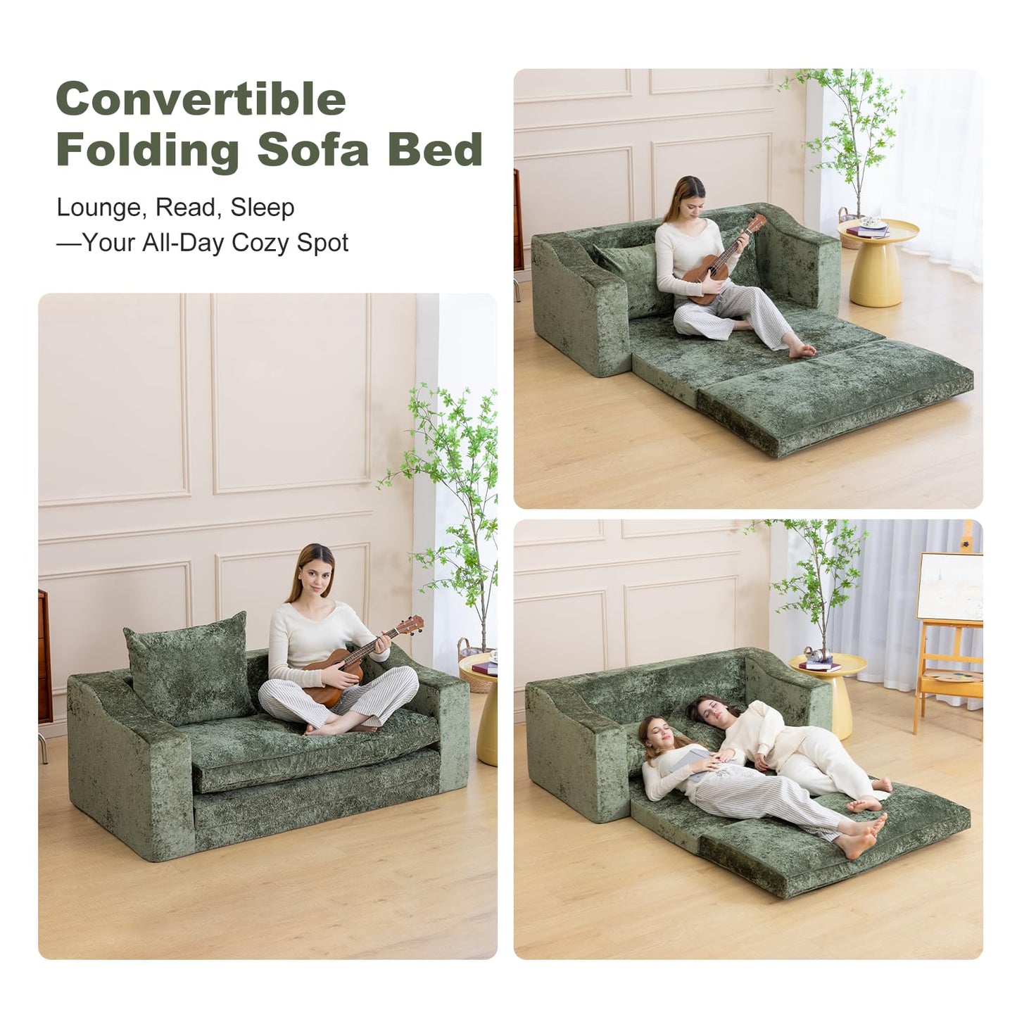 61" Convertible Sofa Bed Loveseat, Memory Foam Boneless Floor Couch with Removable Plush Velvet Cover, Tri-folding Compact Full-size Sleeper for Small Living Room, Playroom, Guest Room, RV (Emerald)