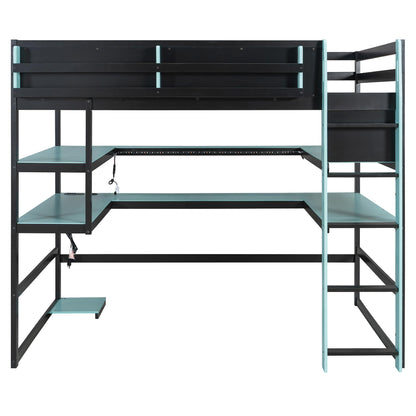 DNYN Gaming Loft Bed with Built-in Desk and Storage Shelves for Teens/Adults Bedroom, Space-Saving Full Size Wooden Bed Frame with LED & Side Race, No Box Spring Needed