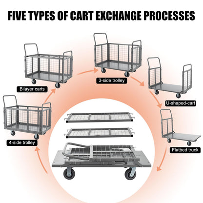 SmarketBuy Platform Truck Cart with Cage, 5 in 1 Heavy Duty Platform Carts with Cage 2000 LBS Capacity Foldable Push Cart Dolly with 5" Casters for Groceries/Garage/Warehouse