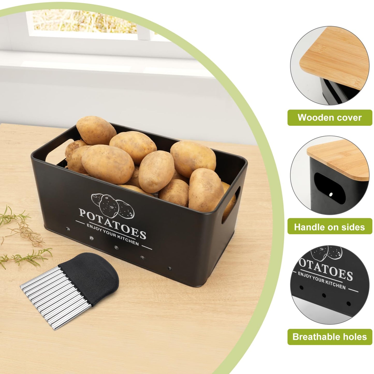 Dekosilave Kitchen Vegetable Storage Set of 3, Metal Onion Garlic Potato Storage Set, Kitchen Canisters Vegetable Keeper Containers with Aerating Holes and Wooden Lid (Black)